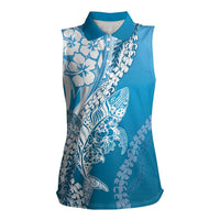 Hawaii Puakenikeni And Maile Lei Women Sleeveless Polo Shirt Blue Polynesian Shark Tattoo DT05