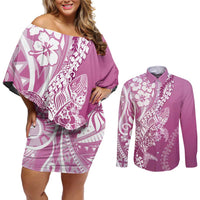 Hawaii Puakenikeni And Maile Lei Couples Matching Off Shoulder Short Dress and Long Sleeve Button Shirt Pink Polynesian Shark Tattoo DT05