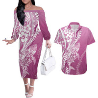 Hawaii Puakenikeni And Maile Lei Couples Matching Off The Shoulder Long Sleeve Dress and Hawaiian Shirt Pink Polynesian Shark Tattoo DT05