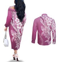 Hawaii Puakenikeni And Maile Lei Couples Matching Off The Shoulder Long Sleeve Dress and Long Sleeve Button Shirt Pink Polynesian Shark Tattoo DT05