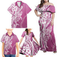 Hawaii Puakenikeni And Maile Lei Family Matching Off Shoulder Maxi Dress and Hawaiian Shirt Pink Polynesian Shark Tattoo DT05