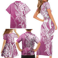 Hawaii Puakenikeni And Maile Lei Family Matching Short Sleeve Bodycon Dress and Hawaiian Shirt Pink Polynesian Shark Tattoo DT05