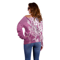Hawaii Puakenikeni And Maile Lei Off Shoulder Sweater Pink Polynesian Shark Tattoo DT05