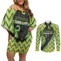 Custom Aotearoa Atua Tanemahuta Couples Matching Off Shoulder Short Dress and Long Sleeve Button Shirt God Of Forests Koru Patterns Koru Patterns
