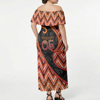 Custom Aotearoa Atua Ruaumoko Off Shoulder Maxi Dress God Of Volcanoes Koru Patterns