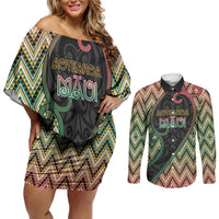 Custom Aotearoa Atua Maui Couples Matching Off Shoulder Short Dress and Long Sleeve Button Shirt Demigod Hero And Trickster Koru Patterns