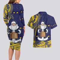 Tokelau Christmas Couples Matching Long Sleeve Bodycon Dress and Hawaiian Shirt Santa With Tuluma Xmas Tribal Waves - Polynesian Pride