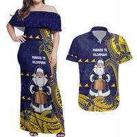 Tokelau Christmas Couples Matching Off Shoulder Maxi Dress and Hawaiian Shirt Santa With Tuluma Xmas Tribal Waves DT05 Navy - Polynesian Pride
