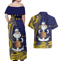 Tokelau Christmas Couples Matching Off Shoulder Maxi Dress and Hawaiian Shirt Santa With Tuluma Xmas Tribal Waves DT05 - Polynesian Pride