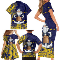 Tokelau Christmas Family Matching Short Sleeve Bodycon Dress and Hawaiian Shirt Santa With Tuluma Xmas Tribal Waves - Polynesian Pride