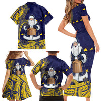 Tokelau Christmas Family Matching Short Sleeve Bodycon Dress and Hawaiian Shirt Santa With Tuluma Xmas Tribal Waves - Polynesian Pride