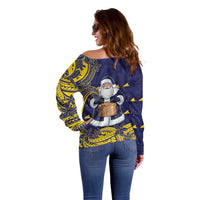 Tokelau Christmas Off Shoulder Sweater Santa With Tuluma Xmas Tribal Waves - Polynesian Pride