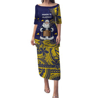 Tokelau Christmas Puletasi Santa With Tuluma Xmas Tribal Waves DT05 Long Dress Navy - Polynesian Pride