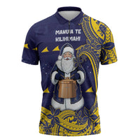 Tokelau Christmas Zipper Polo Shirt Santa With Tuluma Xmas Tribal Waves DT05 Navy - Polynesian Pride
