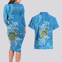 Tuvalu Christmas Couples Matching Long Sleeve Bodycon Dress and Hawaiian Shirt Dolphins Santa Xmas Tribal Waves - Polynesian Pride