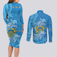 Tuvalu Christmas Couples Matching Long Sleeve Bodycon Dress and Long Sleeve Button Shirt Dolphins Santa Xmas Tribal Waves - Polynesian Pride