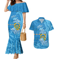 Tuvalu Christmas Couples Matching Mermaid Dress and Hawaiian Shirt Dolphins Santa Xmas Tribal Waves DT05 Blue - Polynesian Pride