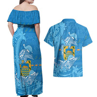 Tuvalu Christmas Couples Matching Off Shoulder Maxi Dress and Hawaiian Shirt Dolphins Santa Xmas Tribal Waves - Polynesian Pride