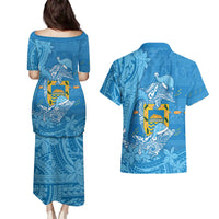 Tuvalu Christmas Couples Matching Puletasi and Hawaiian Shirt Dolphins Santa Xmas Tribal Waves - Polynesian Pride