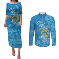 Tuvalu Christmas Couples Matching Puletasi and Long Sleeve Button Shirt Dolphins Santa Xmas Tribal Waves DT05 Blue - Polynesian Pride