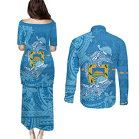 Tuvalu Christmas Couples Matching Puletasi and Long Sleeve Button Shirt Dolphins Santa Xmas Tribal Waves DT05 - Polynesian Pride