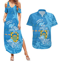 Tuvalu Christmas Couples Matching Summer Maxi Dress and Hawaiian Shirt Dolphins Santa Xmas Tribal Waves DT05 Blue - Polynesian Pride