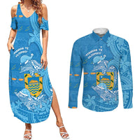 Tuvalu Christmas Couples Matching Summer Maxi Dress and Long Sleeve Button Shirt Dolphins Santa Xmas Tribal Waves DT05 Blue - Polynesian Pride
