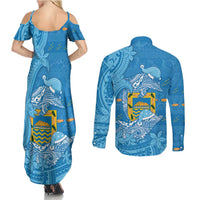 Tuvalu Christmas Couples Matching Summer Maxi Dress and Long Sleeve Button Shirt Dolphins Santa Xmas Tribal Waves DT05 - Polynesian Pride