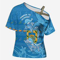 Tuvalu Christmas Cross Shoulder Shirt Dolphins Santa Xmas Tribal Waves DT05 Female Blue - Polynesian Pride