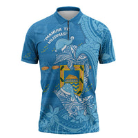 Tuvalu Christmas Zipper Polo Shirt Dolphins Santa Xmas Tribal Waves DT05 Blue - Polynesian Pride