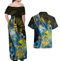 Personalised Tuvalu Couples Matching Off Shoulder Maxi Dress and Hawaiian Shirt Dolphin On The Waves