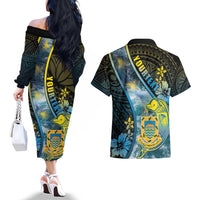 Personalised Tuvalu Couples Matching Off The Shoulder Long Sleeve Dress and Hawaiian Shirt Dolphin On The Waves