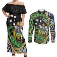 South Sea Islanders And Solomon Islands Couples Matching Off Shoulder Maxi Dress and Long Sleeve Button Shirt Solomons Coat Of Arms And Southern Cross DT05 Black - Polynesian Pride