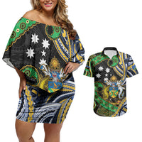 South Sea Islanders And Solomon Islands Couples Matching Off Shoulder Short Dress and Hawaiian Shirt Solomons Coat Of Arms And Southern Cross DT05 Black - Polynesian Pride