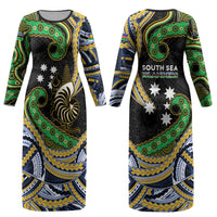 South Sea Islanders And New Caledonia Couples Matching Long Sleeve Bodycon Dress and Hawaiian Shirt Nautilus Shell Southern Cross Tribal Pattern DT05 - Polynesian Pride