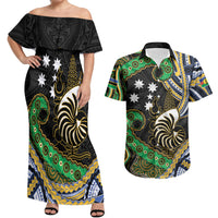 South Sea Islanders And New Caledonia Couples Matching Off Shoulder Maxi Dress and Hawaiian Shirt Nautilus Shell Southern Cross Tribal Pattern DT05 Black - Polynesian Pride