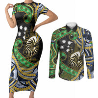 South Sea Islanders And New Caledonia Couples Matching Short Sleeve Bodycon Dress and Long Sleeve Button Shirt Nautilus Shell Southern Cross Tribal Pattern DT05 Black - Polynesian Pride