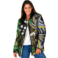 South Sea Islanders And New Caledonia Padded Jacket Nautilus Shell Southern Cross Tribal Pattern DT05 Women Black - Polynesian Pride