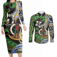 South Sea Islanders And Vanuatu Couples Matching Long Sleeve Bodycon Dress and Long Sleeve Button Shirt Boar Tusk Warrior Southern Tribal Pattern DT05 Black - Polynesian Pride
