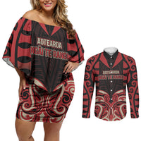 Custom Aotearoa Ngai Te Rangi Couples Matching Off Shoulder Short Dress and Long Sleeve Button Shirt New Zealand Traditional Maori Pattern DT05 Red - Polynesian Pride