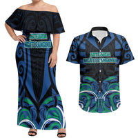 Custom Aotearoa Ngati Ranginui Couples Matching Off Shoulder Maxi Dress and Hawaiian Shirt New Zealand Traditional Maori Pattern DT05 Navy - Polynesian Pride