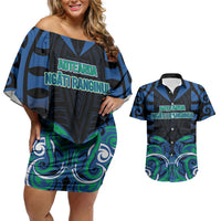 Custom Aotearoa Ngati Ranginui Couples Matching Off Shoulder Short Dress and Hawaiian Shirt New Zealand Traditional Maori Pattern DT05 Navy - Polynesian Pride