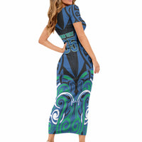 Custom Aotearoa Ngati Ranginui Short Sleeve Bodycon Dress New Zealand Traditional Maori Pattern DT05 - Polynesian Pride