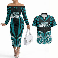 Custom Aotearoa Tapuika Couples Matching Off The Shoulder Long Sleeve Dress and Hawaiian Shirt New Zealand Traditional Maori Pattern DT05 Teal - Polynesian Pride