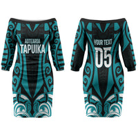 Custom Aotearoa Tapuika Couples Matching Off The Shoulder Long Sleeve Dress and Long Sleeve Button Shirt New Zealand Traditional Maori Pattern DT05 - Polynesian Pride