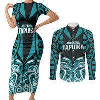 Custom Aotearoa Tapuika Couples Matching Short Sleeve Bodycon Dress and Long Sleeve Button Shirt New Zealand Traditional Maori Pattern DT05 Teal - Polynesian Pride