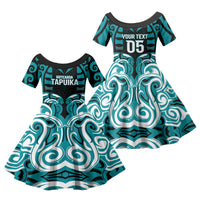 Custom Aotearoa Tapuika Family Matching Off The Shoulder Long Sleeve Dress and Hawaiian Shirt New Zealand Traditional Maori Pattern DT05 Daughter's Dress Teal - Polynesian Pride