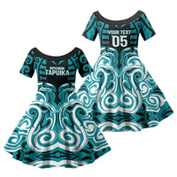 Custom Aotearoa Tapuika Family Matching Off Shoulder Maxi Dress and Hawaiian Shirt New Zealand Traditional Maori Pattern DT05 Daughter's Dress Teal - Polynesian Pride