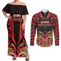 Custom Aotearoa Ngati Maru Couples Matching Off Shoulder Maxi Dress and Long Sleeve Button Shirt New Zealand Traditional Maori Pattern DT05 Red - Polynesian Pride