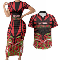 Custom Aotearoa Ngati Maru Couples Matching Short Sleeve Bodycon Dress and Hawaiian Shirt New Zealand Traditional Maori Pattern DT05 Red - Polynesian Pride